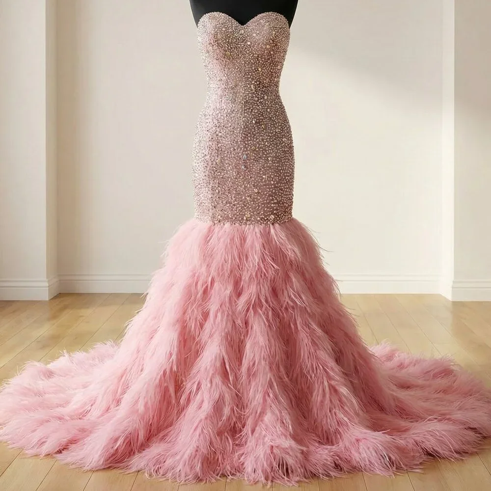 💗Couture Luxurious Ostrich Feathers Designer Embroidery Evening Prom Gown Dress - Picture 2 of 4